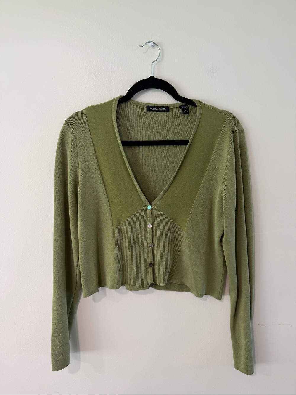 90s Y2K Minimal Silk Blend Crop Olive Green Cardigan Valerie Stevens Women’s L